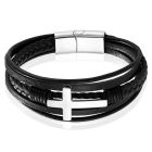 Mendes Jewelry Roestvrijstalen en Echt Lederen Heren Armband met Groot Kruis in Zwart en Zilver