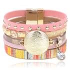 Roze multicolor leren dames armband Ibiza stijl met bedels en studs
