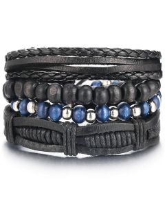 Armbanden set zwart leer en zilverkleurige kralen