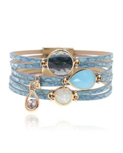 Blauwe goudkleurige leren multilayer Boho dames armband met bedels en glassteen
