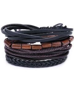Leren armbanden set met houten kralen zwart bruin