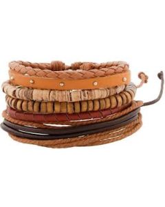 Leren armbanden set met houten kralen bruin