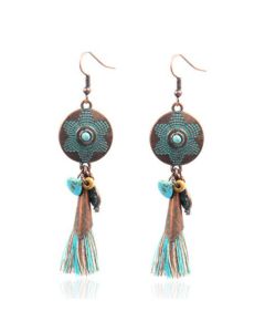 Brons oorbellen groen met turquoise steen, kwast en amulet