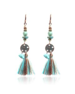 Bronzen oorhangers met muntje, kwastje en turquoise stenen