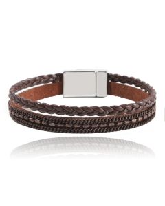 Bruine dames armband gevlochten leer met magneetsluiting
