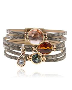 Bruine goudkleurige leren multilayer Boho dames armband met bedels en glassteen