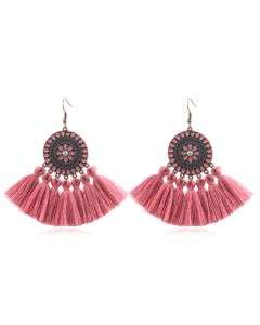 Dames oorbellen hangers met katoenen kwastjes kleur roze