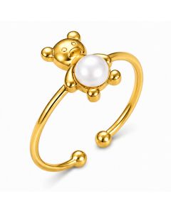 Cilla Jewels Goudkleurige Verstelbare Damesring met Beermotief en Witte Parel
