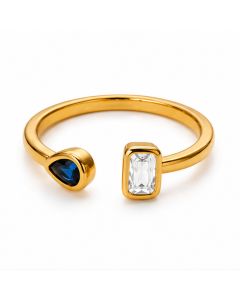 Cilla Jewels Goudkleurige Verstelbare Damesring met Blauwe Druppel en Witte Baguettezirkonia