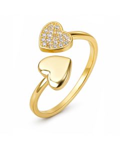 Cilla Jewels Goudkleurige Verstelbare Damesring met Dubbel Hart en Zirkonia