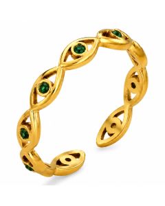 Cilla Jewels Goudkleurige Verstelbare Damesring met Groene Zirkonia en Oogmotief