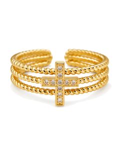 Cilla Jewels Goudkleurige Verstelbare Damesring met Kruismotief en Witte Zirkonia