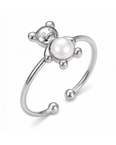 Cilla Jewels Zilverkleurige Verstelbare Damesring met Beermotief en Witte Parel