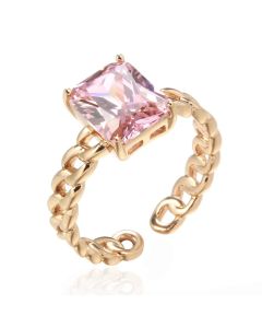 Cilla Jewels Damesring - 585 Rose Gouden Plating, Rechthoekige Roze Zirkonia, Cuban Link Schakels