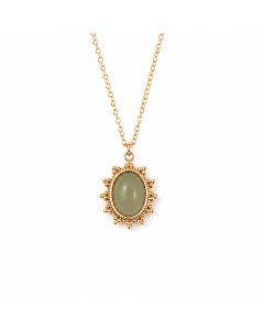 Deja Jewels Goudkleurige Dames Ketting met Olijfgroene Ovale Hanger en Bolletjesrand