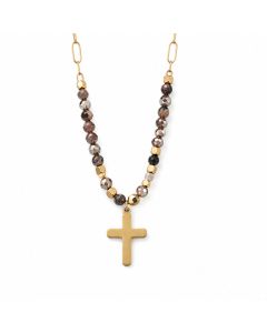 Deja Jewels Goudkleurige Dames Kralenketting met Bruine Kralen en Kruishanger