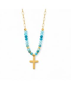 Deja Jewels Goudkleurige Dames Kralenketting met Turquoise Kralen en Kruishanger