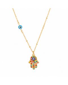 Deja Jewels Goudkleurige Hamsa Damesketting met Multicolor Zirkonia en Boze Oog