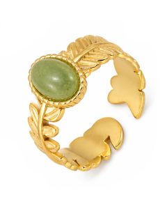 Deja Jewels Goudkleurige Verstelbare Damesring met Groene Steen en Bladmotief
