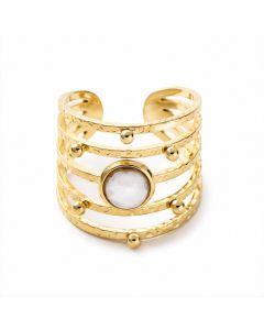 Deja Jewels Goudkleurige Verstelbare Damesring met Witte Cabochon