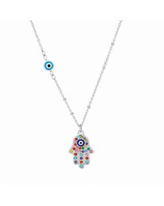 Deja Jewels Zilverkleurige Hamsa Damesketting met Multicolor Zirkonia en Boze Oog