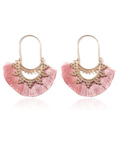 Deja Jewels Bohemian Gouden Oorbellen met Roze Franje Waaierhangers