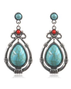 Druppelvormige zilverkleurige dames oorbellen met turquoise steen