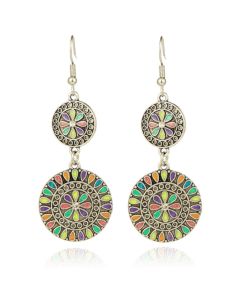 Dubbele ronde zilverkleurige dames oorbellen multicolor en strass