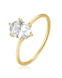 Elenza Thin .925 Zilveren Ring met Solitaire Ovalen Zirconia en Gouden Plating – 1mm