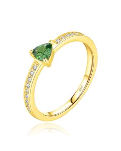 Elenza Zilveren Ring met Groene Driehoekige Steen en Zirkonia, Verguld met 18k Gouden Plating