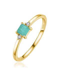 Elenza Zilveren Ring met Rechthoekige Groene Steen en Zirkonia, Verguld met 18k Gouden Plating