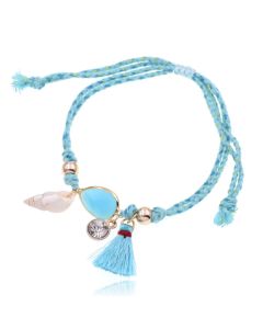 Enkelband blauw verstelbaar van touw met schelpje en kristal