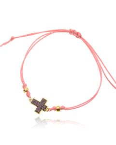 Enkelband van roze touw met goudkleurige kralen en kruis
