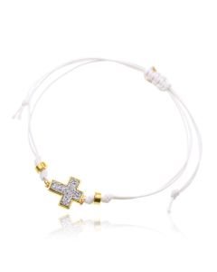 Enkelband van wit touw met goudkleurige kralen en kruis