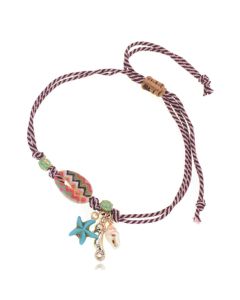 Enkelband verstelbaar van touw in multicolor met kristallen en schelp