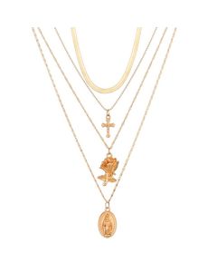 Gelaagde dames ketting goudkleurig Kruis Roos Munt