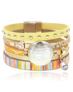 Gele multicolor leren dames armband Ibiza stijl met bedels en studs