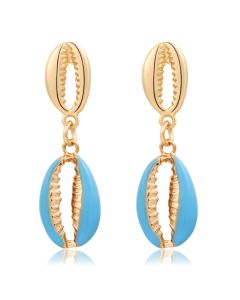 Goudkleurige dames oorbellen hangers met dubbele blauwe schelpjes