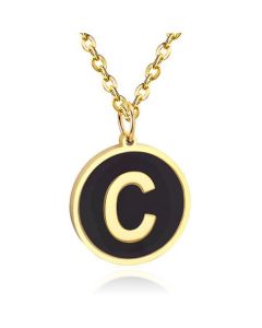 Goudkleurige Dames Schakelketting met Zwarte Kettinghanger Letter C
