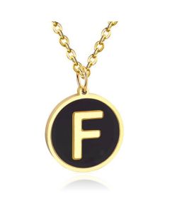 Goudkleurige Dames Schakelketting met Zwarte Kettinghanger Letter F
