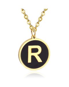 Goudkleurige Dames Schakelketting met Zwarte Kettinghanger Letter R