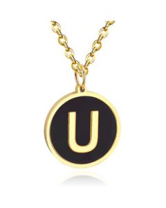 Goudkleurige Dames Schakelketting met Zwarte Kettinghanger Letter U