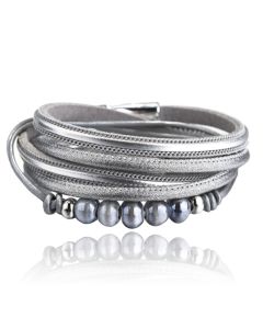 Grijze multilayer Boho armband rondgenaaid PU leer en kralen