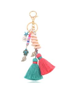 Handgemaakte Ibiza sleutelhanger goudkleurig roze turquoise met schelpjes