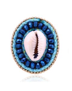 Handgemaakte verstelbare Ibiza ring blauw van leer met kristal en schelpje