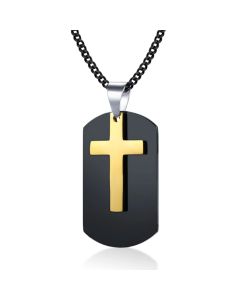 Heren SchakelKetting met Zwarte Dogtag Hanger Goudkleurig Kruis