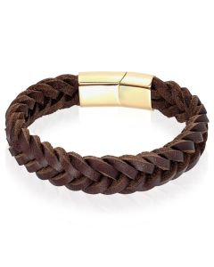 Heren armband LGT Jewels Gevlochten Leer Edelstaal Bruin Goudkleurig
