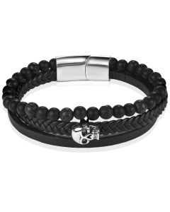 Heren armband Memphis Agaat Skull Gevlochten Leer Zwart