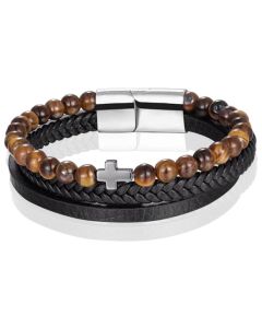 Heren armband Memphis Tijgeroog kraal gevlochten leer Kruis Zilverkleurig Bruin Zwart