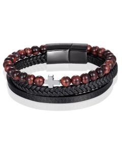 Heren armband Memphis Tijgeroog kraal gevlochten leer Kruis